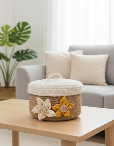 Image of Round Cotton Storage With Lid Gift Basket for Closet Wardrobe Packing, Wedding Organizer, Eco- Friendly Bins Organizer (Beige and White) for Home, Office with Handcrafted Jute Flowers.