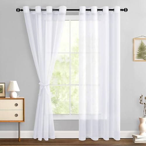 Consejos para Comprar Cortinas los mejores 5. 49 Cortina Semitransparente,Cortina Gasa con Ojales,Cortinas Salon Modernas 2 Piezas,Cortinas Transparentes para Sala Cuarto Dormitorio,132 x 213.3 cm (Blanco)