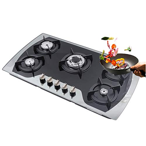 Built-in Gas Cooktop, 5 Burners Gas Stove with Tempered Glass Smooth Surface Automatic Pulse Ignition Countertop Stove Perfect for Kitchen, NG/LPG Convertible (30 Inch)