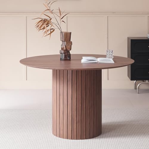 BenyLed Mesa de Comedor Redonda de 120cm para 4-6 Personas; Mesa de Cocina de Granja con Base Cilíndrica; Tablero de MDF y Base de Pedestal de Listones de Madera (marrón Oscuro)