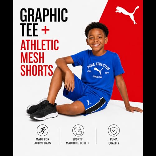 Image of PUMA Boys Short Set - 2 Piece Short Sleeve Crewneck Performance Graphic Tees and Athletic Mesh Shorts for Boys (Sizes: 4-16)