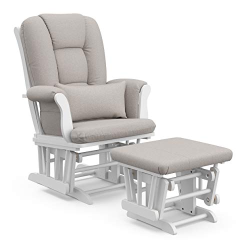 Image of Storkcraft Tuscany Custom Glider and Ottoman with Free Lumbar Pillow (White/Taupe Swirl) - Cleanable Upholstered Comfort Rocking Nursery Chair with Ottoman