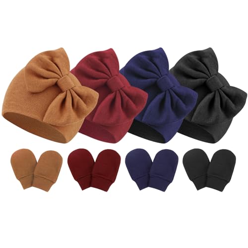 Image of BQUBO Newborn Baby Hats Mittens Set Hospital Hat Beanie Infant Bow Hats Baby Gloves No Scratch Mittens for 0-6 Months