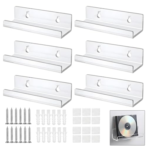 ZeBQrphio 6 Pack Acrylic Vinyl Record Shelves 4 Inch CD Album Wall Display Rack Display Clear Acrylic Floating Shelves for CDs Vinyl Home Office or Living Room