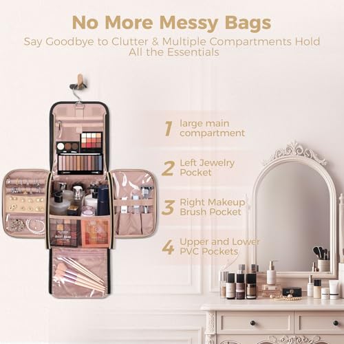 Hanging Toiletry Bag & Makeup Bag for Women with Jewelry Organizer - TSA Approved Large Capacity Travel Cosmetic Organizer, Waterproof Shower Essentials Case with Transparent Pockets, Black3