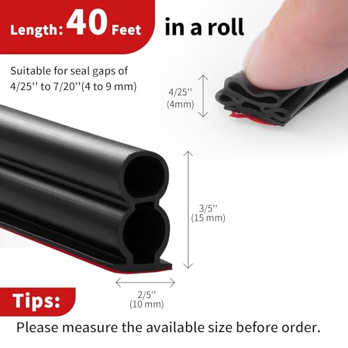 Fingwerk 40 Feet Rubber Door Weather Stripping Door Seal Large Gap, Self-Adhesive Extra Thick D-Shape Door Seal Strip for Door Frame Door Insulation Strip, Easy Cut to Size(Black), ‎‎FKBGDB40FT
