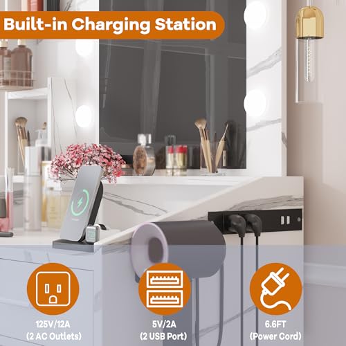 Garveehome Vanity Desk with Mirror and Lights, Makeup Vanity with Power Outlet & Cushioned Stool, 3 Lighting Modes Adjustable Brightness, Dressing Table with Hairdryer Holder for Bedroom, Marble White
