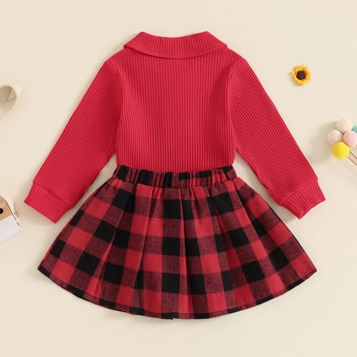 Image of BeQeuewll Fall Winter Toddler Baby Girl Clothes 2Pcs Long Sleeve Ribbed Knit Shirt Plaid Skirt 1T 2T 3T 4T 5T Girls Dress