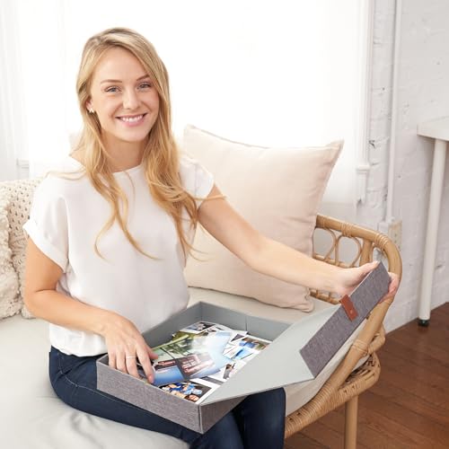 Decorative Photo Storage Boxes with Lids - Set of 2 Beautiful Linen Organizers Are Perfect to Safely Store Your Pictures, Documents, Scrapbooking Supplies, Keepsakes and Other Memories in Style