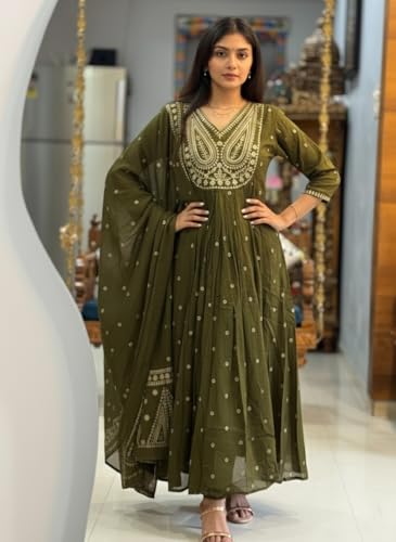 Image of ANNI Designer Women's Rayon Viscose Printed Embroidered Anarkali Kurta with Pant & Dupatta | Ethnic Kurti Set with Embroidery | Soft Comfortable Fabric | Stylish Outfit for Festive, Office