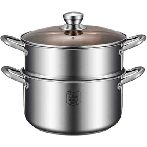 WhiteForest ストックポット 蒸し鍋 両手鍋 鍋深型 煮込み料理 カレー・シチューポット厚い鍋 ステンレス製 3層底 IH対応 ガラス鍋蓋付 多機能 調理器具 キッチン用品 (26cm,蒸し器あり)