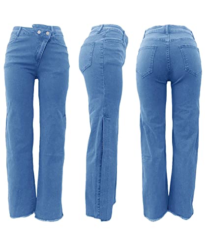 Women's High Waist Frayed Raw Hem Casual Jeans Vintage Straight Leg Regular Fit Slit Side Solid Denim Pants3