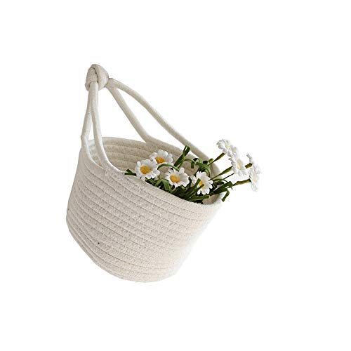 BQEE Personality Cotton Woven Fold Snacks Debris Sorting Storage Basket Hang Rope Woven Home Decor For Kids Room Decorative Perfect for Storing Small Household Items (White-Large)