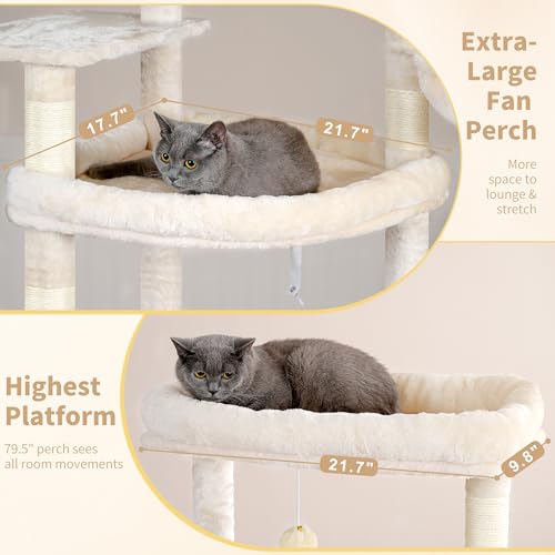 Image of Heybly Tall Cat Tree for Large Cat, 80-inch Multi-Level Cat Tower HCT038M | Condo Furniture for Indoor Cats with Large Baseboard, 2 Widened Plush Perches, Scratching Board, Big Caves, Beige
