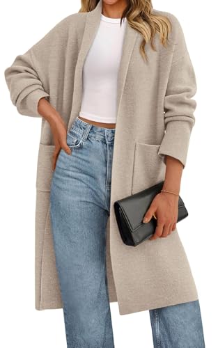 Image of PRETTYGARDEN Long Sleeve Lapel Open Front Cardigan Sweaters for Women Trendy 2025 Oversized Fall Sweater Long Ladies Coats (Beige Grey, Large)