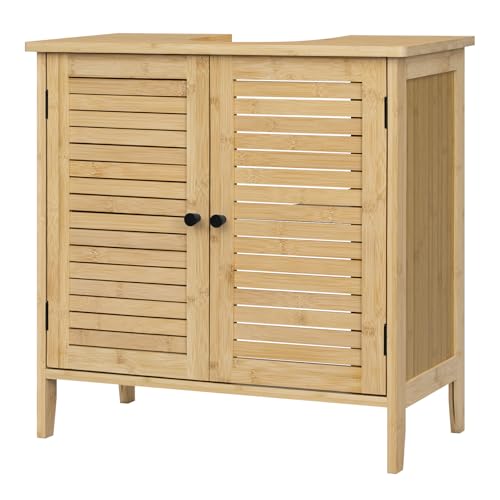 EUGAD Meuble sous Lavabo Salle de Bain en Bambou, Meuble sous Vasque, avec Découpe pour Siphon 20x23 cm, Portes à Lames et Étagère Réglable, 60x30x60 cm