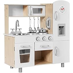 Dispensador De Agua Con Gabinete COSTWAY Cocina Juguete de Madera con Teléfono, Cocinita de Madera Infantil con Nevera, Microondas, Fregadero Desmontable, Dispensador de Agua con Luz y Sonido, Cocina Infantil para Niños