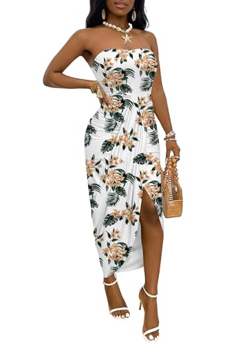 Image of Umenlele Women's Strapless Ruched High Waist Wrap Split Asymmetrical Beach Maxi Long Dress