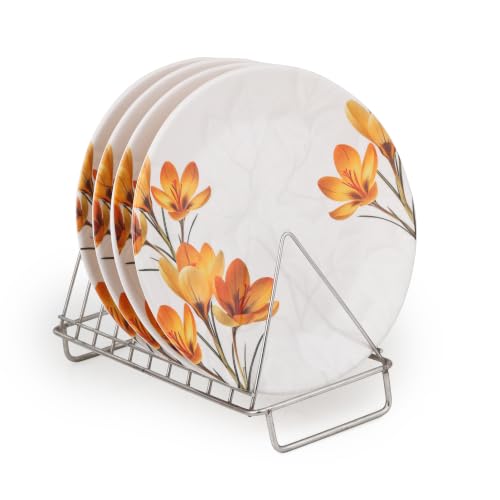 Image of Golden Fish Melamine Round Dinner Plate Set of 4 | Yellow Leaf Print | Unbreakable, Dishwasher & Microwave Safe