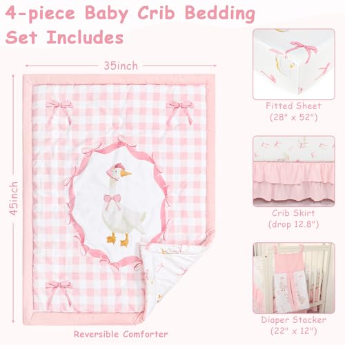 Image of Baby Crib Bedding Set for Girls, 4 Pcs Pink Gingham Baby Gril Crib Comforter Sets Include Crib Skirt, Comforter, Fitted Sheet, Diaper Stacker, (Cute Duck & Bow)