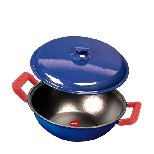 Pigeon by Stovekraft Cast Iron Kadai with Cast Iron Lid | Medium, 20 cm | Enamel Coated | Luxurious Mirror Finish | Toxin-Free | High Pressure Casting | Cook with Style, Elegance & Comfort
