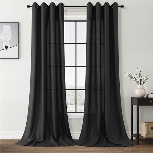 Image of Black Linen Curtains 120 Inches Long for Living Room 2 Panels Set Grommet Textured Light Filtering Dining Room Sheer Curtain Modern Minimalist Floor to Ceiling Large Window Drapes 10ft Tall 52X120