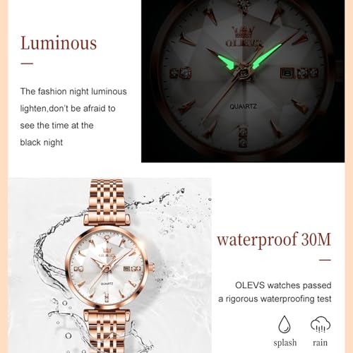 Image of OLEVS Women's Analog Watch Quartz Rose Gold Stainless Steel Strap Fashion Luxury Business Circular Calendar