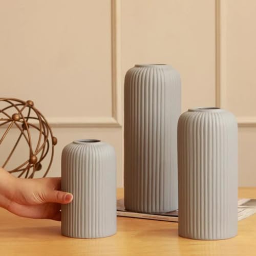 Image of KREATIVE ART'S Grey Flower Vase for Living Room | Ceramic Vase for Home Decor | Home Decoration Items for Living Room & Hall | Grey Ceramic Vase Set of 3 - Modern Home Decor Items