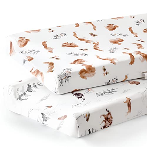 Image of GRSSDER Stretch Ultra Soft Jersey Knit Changing Pad Cover Set 2 Pack, Change Table Pad Covers Fit 32"/34" x 16" Pads Safe and Snug, Pretty Pattern for Boys and Girls, Cute Jungle Squirrels and Animals