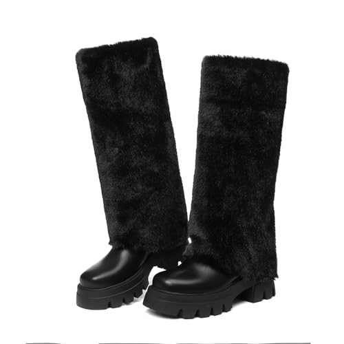 Knee High Heel Faux Fur Boots for Women Round Toe Chunky Platform Lug Sole Pull On Fashion Warm Winter Furry Tall Boots4