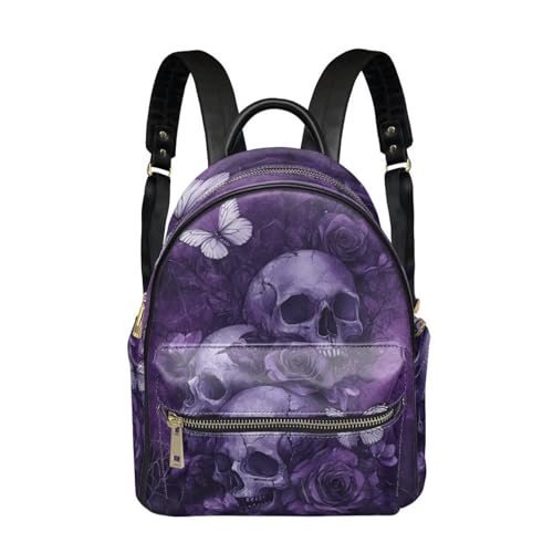 Snilety Mochila de poliuretano para niños y niñas, mochila de cuero para mujer, uso diario, Estampado de calavera morada, Talla única, Mochilas de viaje