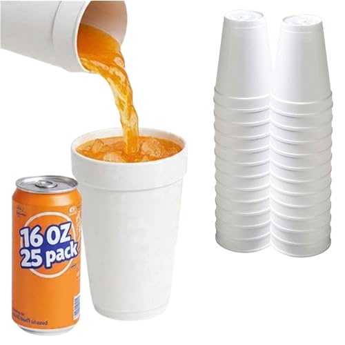 Mr Miracle 16 oz Styrofoam Cups Disposable Foam Cups (25 Pack) Insulated White Styrofoam Coffee Cups for Hot & Cold Drinks Comparable to Industry 16J16 Standard Foam Cups Made in USA
