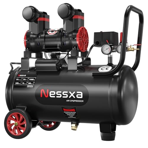 10 Gallon Ultra Quiet Air Compressor, Oil-Free Air Compressor Tank with Two Quick Couplers, 2HP 8.76 CFM@115PSI Pressure 70dB Electric Air Compressor for Woodwork Nailing, Garage, Auto Repair