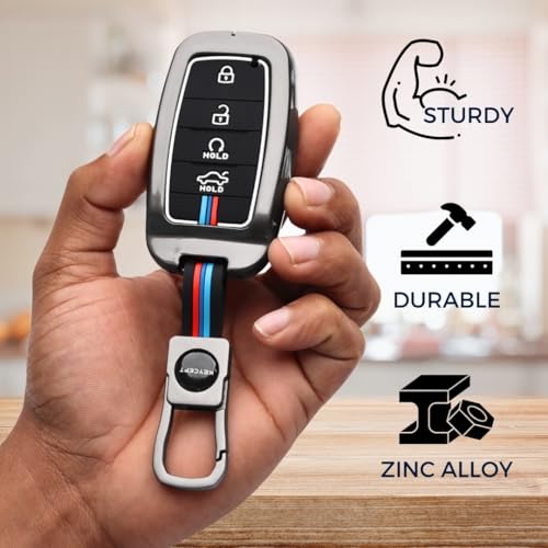 Image of KEYCEPT Metal Key Cover Compatible for Kia Seltos | Sonet | Carens 4 Button Smart Key with Keychain (Dual Black & Tan).