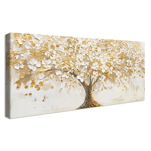 Cadre en Bois Impression sur Toile Fleurs Blanches Feuilles d'or Arbre Tableau Peinture Poster...