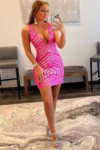 Sparkly Sequin Homecoming Dresses V Neck Prom Dresses Short for Teens Sheath Tight Cocktail Dress 20252