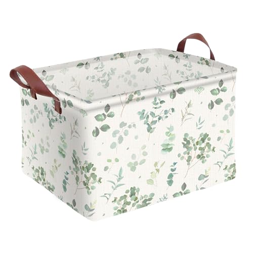 AmazerPad Sage Green Storage Basket Waterproof Canvas Toy Storage Bin Home Decor Collapsible Outdoor Basket with Leather Handles Sage Green Blanket Baskets For Closets Bedrooms Gifts Baskets