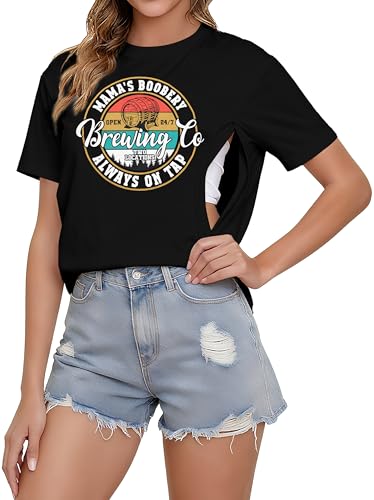 Image of Women's Nursing Shirts for Breastfeeding Zipper Short Sleeves Mama Shirt Causal Maternity Nursing Graphic Tees Tops