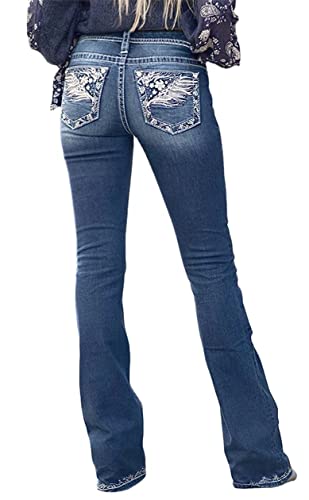 Womens Feather Flower Embroidery Mid Rise Stretchy Bootcut Jeans Slim Straight Leg Denim Jean Pants Cobalt Blue2