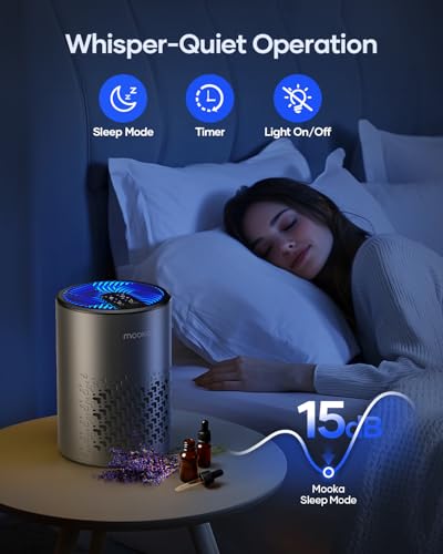 Image of Air Purifiers for Bedroom Home,MOOKA HEPA Filter for Pets Odor Smoke Pollen | 15dB Quiet Small Air Cleaner with Aromatherapy for Dorm, Office, Living Room, Captures Dust Pet Hair Dander, KJ067L, Grey