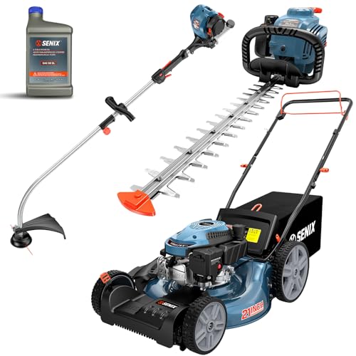 SENIX LSSG-M10 21-inch 170cc Gas Lawn Mower Self Propelled, 26.5 cc String Trimmer and 4-Cycle Hedge Trimmer Kit