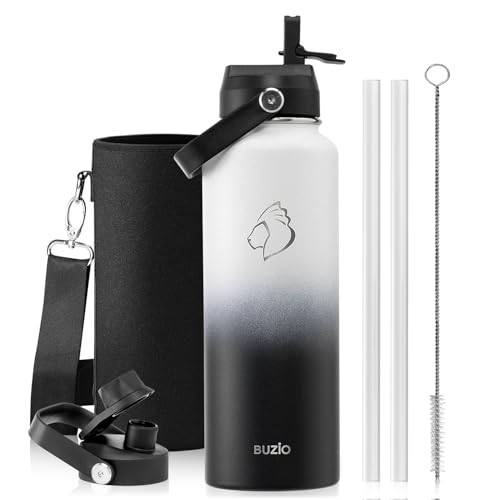BUZIO Insulated Water Bottle with Straw Lid and Flex Cap, 40oz Modern Double Vacuum Stainless Steel Water Flask, Cold for 48 Hrs Hot for 24 Hrs Simple Thermo Canteen Mug, White and Black 40 
