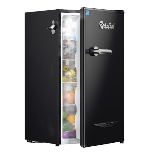 Upstreman 3.2 Cu.Ft Retro Mini Fridge with Bottle Opener, Energy Saving, Adjustable Thermostat, Metal Handle, LED Lamp, Mini Refrigerator for Bedroom, Office, Dorm-BR321 PRO (Black)