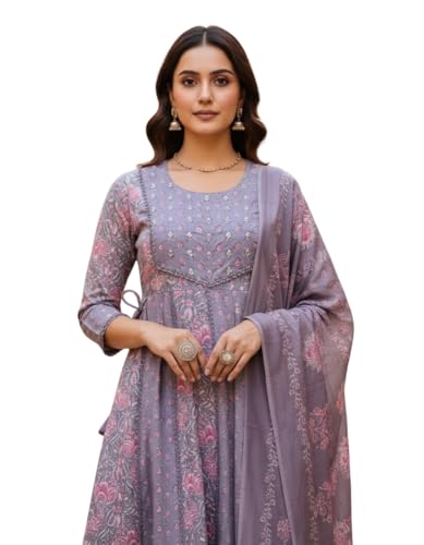 Image of Pure Cotton Anarkali Kurta Set for Women with Dupatta | 3 Piece Cotton Anarkali Suit | Floral Aari Work | Flared Ethnic Wear