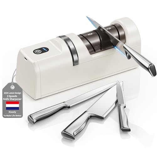 Aiguiseur de couteaux électrique, Système d'affûtage de couteaux 5 en 1 avec 3 vitesses, affûteur de couteaux professionnel rechargeable à diamant pour un...