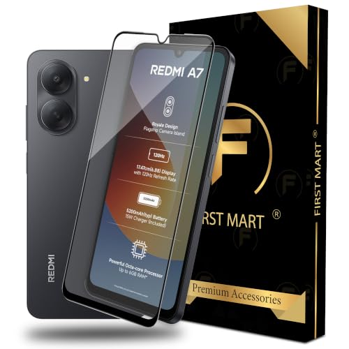 Image of FIRST MART Tempered Glass for Redmi A7, 9H Full-Glue Screen Protector, 3D Edge-to-Edge, HD Clear, Oleophobic, Case-Friendly, Black, Pack of 1