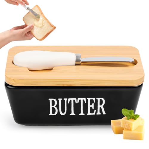 Beurrier en céramique avec couvercle en bois et couteau à beurre, 350 ml, multifonction, pour beurre, noix, fromage