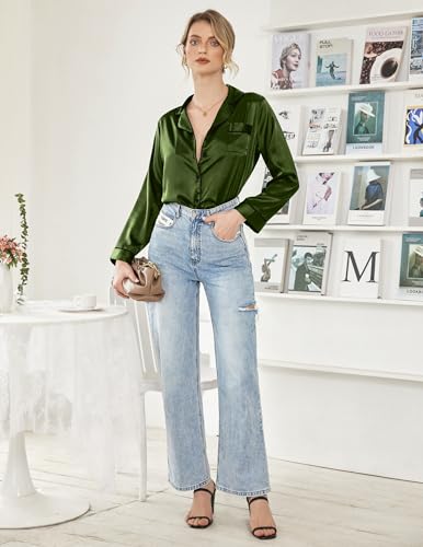 Image of Ekouaer Women Satin Pajamas Set Classic Button Down Long Pjs Set