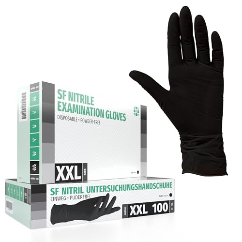 SF Nitrilhandschuhe XXL Schwarz 100 Stück Einweghandschuhe Einmalhandschuhe Puderfrei Latexfrei Gummihandschuhe Einweg zum Kochen Putzen für Medizin Küche Garten Werkstatt Tattoo Haushalt