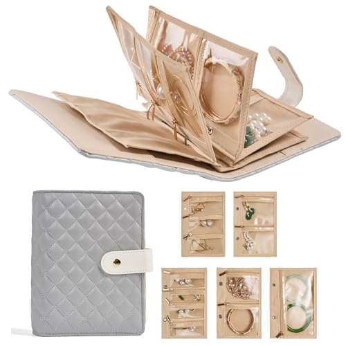 PU Leather Travel Jewelry Binder Organizer - Jewelry Boxes Case Ring Binder Storage Book with Zipper Velvet Pouches Bags for Women Gifts - Grey